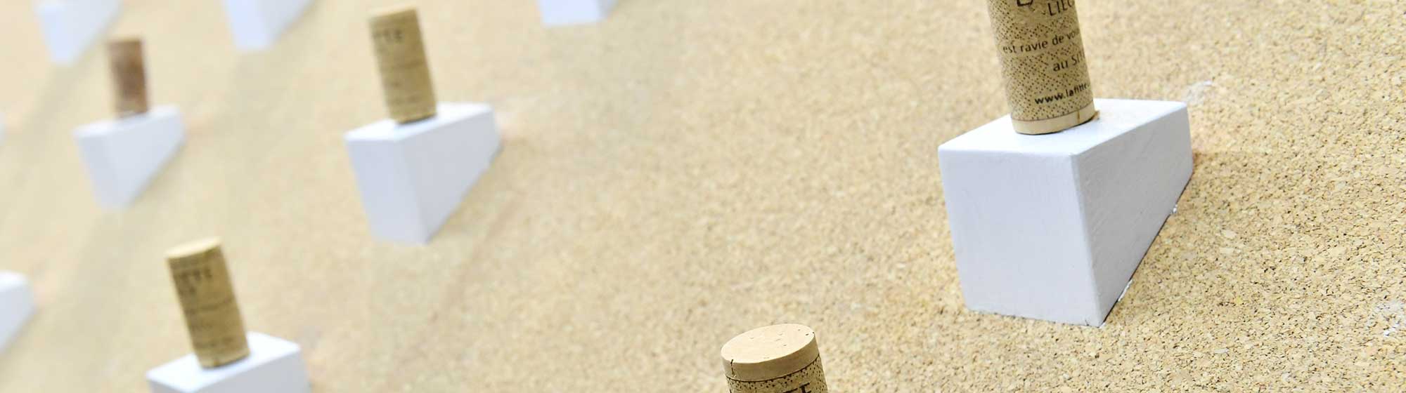 Corks on display on a stand