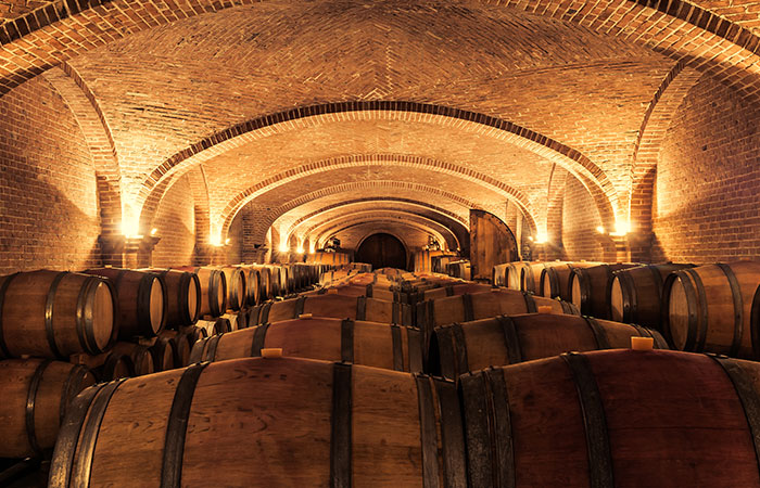 Wine barrels in a cellar